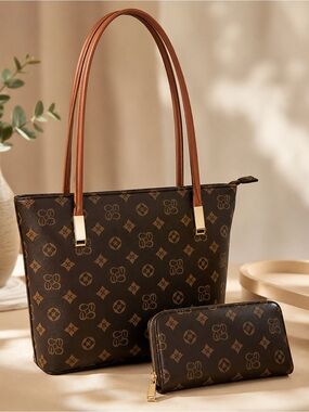 Brown fashion Tote Handbag with Wallet Set